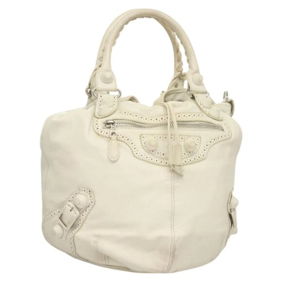 BALENCIAGA The Giant Pom Pom Bag Leather 2way White Silver 204540 Auth 129254 - Picture 1 of 16